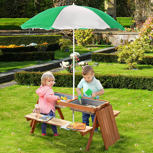 Outsunny Kids Picnic Table with Benches, Wooden Sand and Water Table, Adjustable Parasol, Storage Bins, for Kids 3-6 Years, Brown