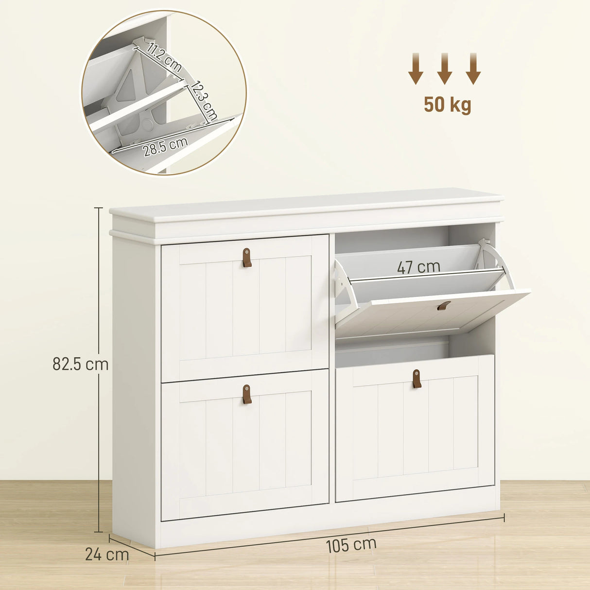 HOMCOM Slim Shoe Cabinet, Shoe Cabinet with 4 Drop-Down Drawers, 105W x 24D x 82.5H cm,  White