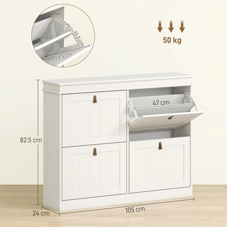 HOMCOM Slim Shoe Cabinet, Shoe Cabinet with 4 Drop-Down Drawers, 105W x 24D x 82.5H cm,  White