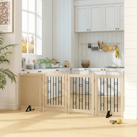 PawHut 4 Panel Freestanding Pet Gate, Indoor Dog Barrier with Lockable Door, Support Feet, 360 Flexible Hinges, Oak