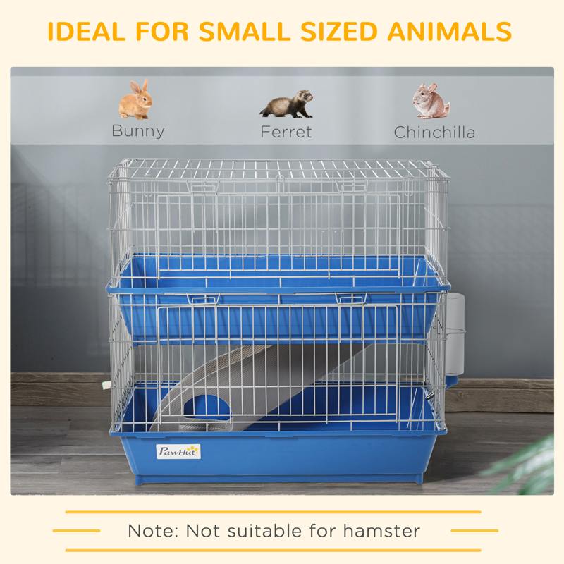 PawHut Double Tier Small Animal Cage Rabbit Chinchillas Cage w/ Ramp Food Dish Water Bottle Deep Trays Pet Home 72 x 44 x 67 cm