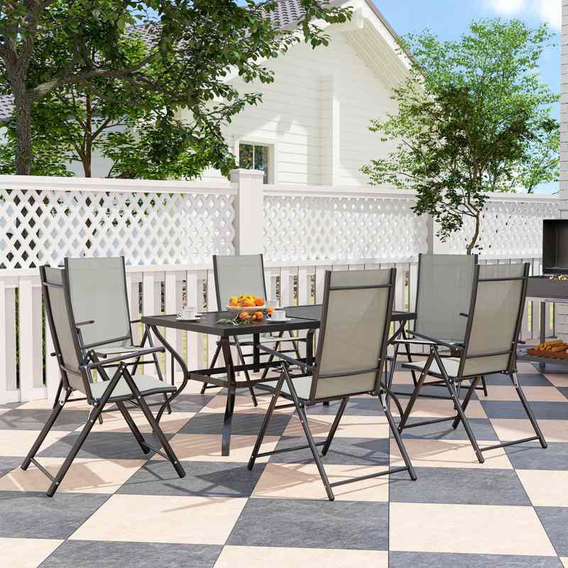 Outsunny Seven-Piece Steel Outdoor Dining Set, with Parasol Hole - Khaki