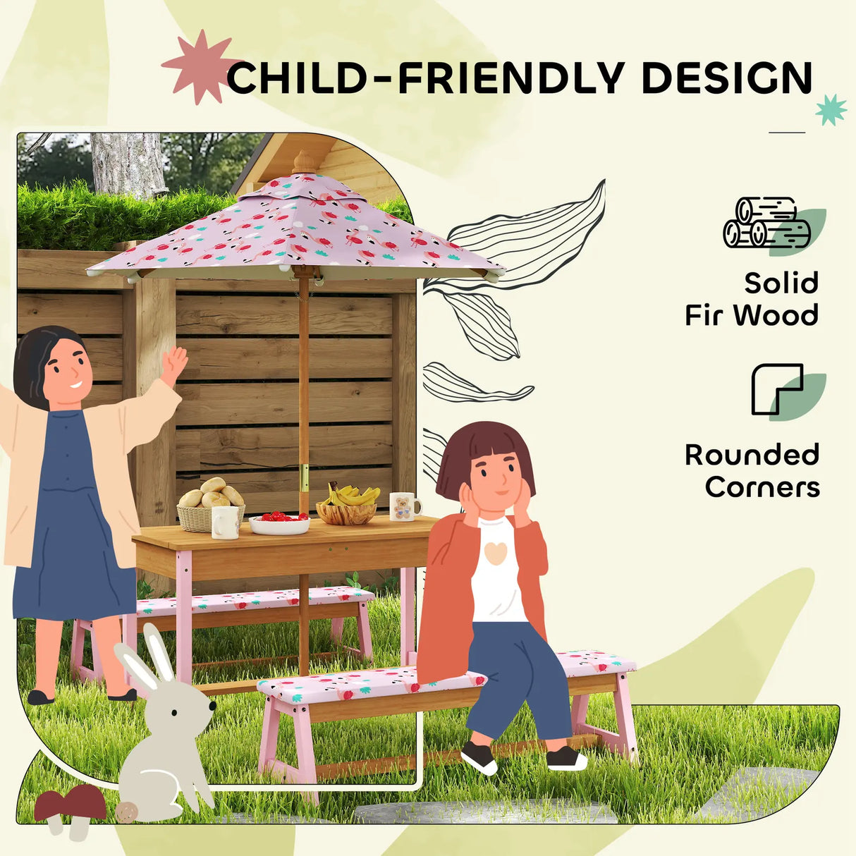 AIYAPLAY Kids Picnic Table Set with Removable & Foldable Umbrella, Cushions, Storage Boxes, Flamingo Theme, Pink