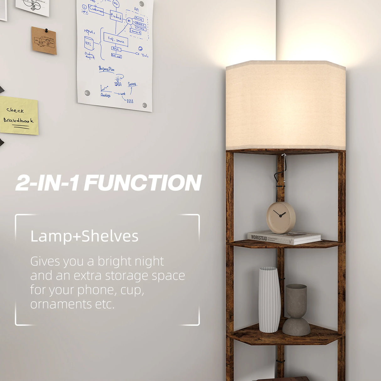HOMCOM Corner Floor Light, with Shelves - Wood-Effect