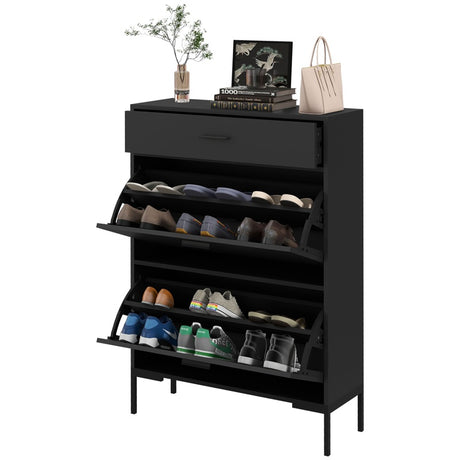 HOMCOM Three Drawer Slim Shoe Storage Cabinet, 12 Shoe Pairs - Black