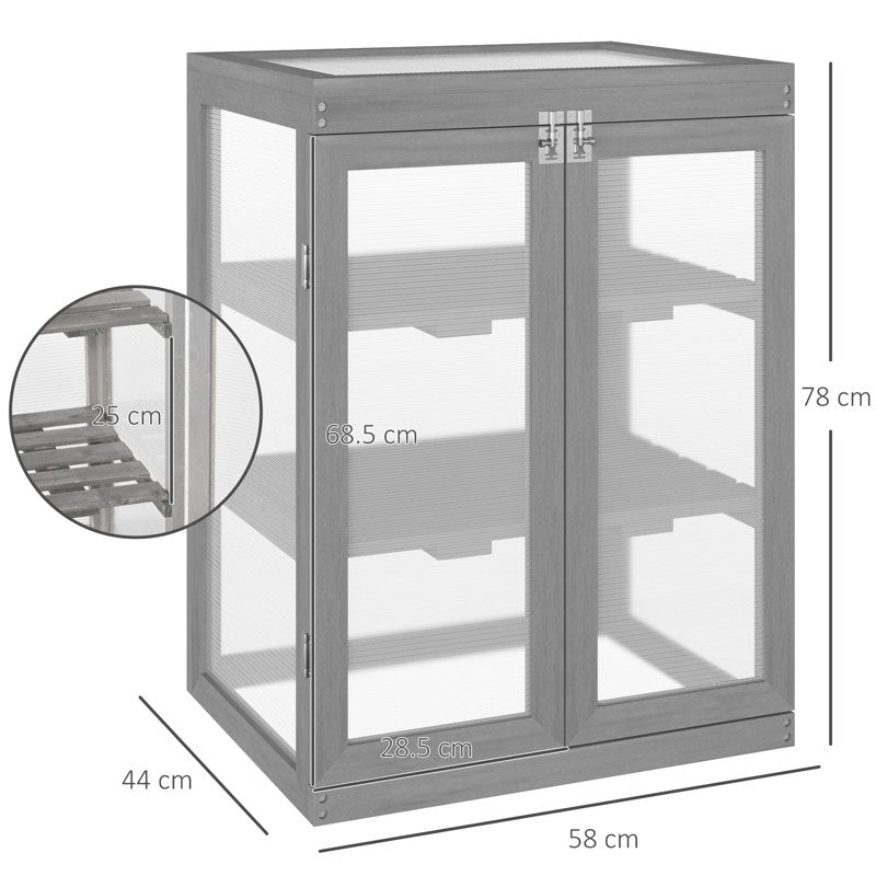 Outsunny 3-tier Wood Greenhouse Garden Polycarbonate Cold Frame Balcony Grow House w/ Storage Shelf for Plants, Flowers, Dark Grey