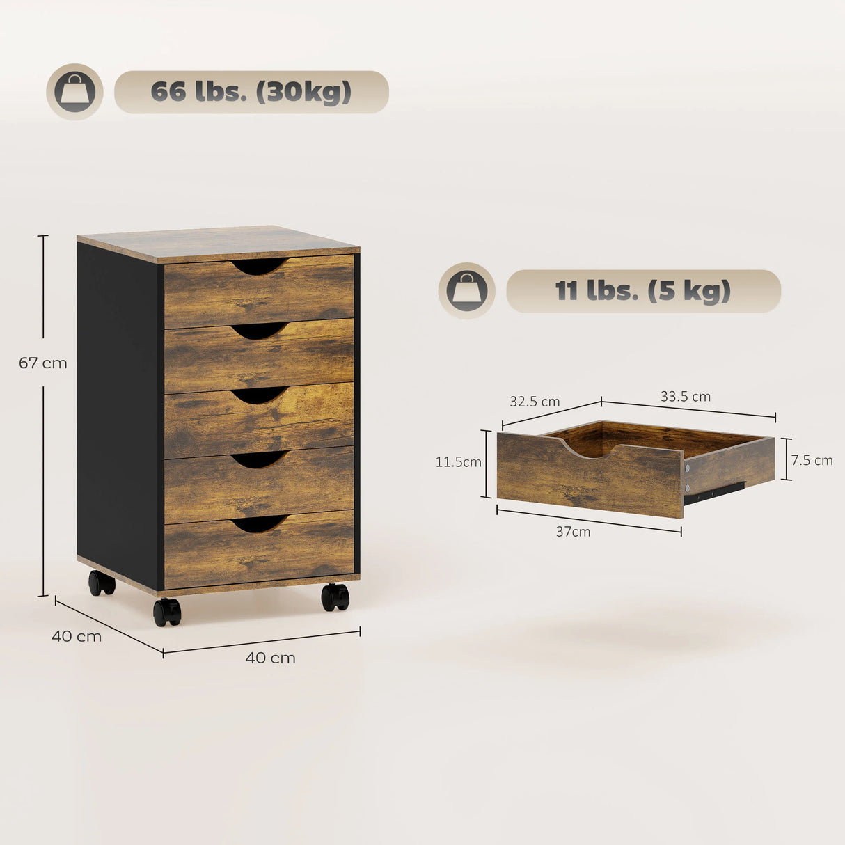 HOMCOM Five-Drawer Filing Cabinet - Rustic Brown