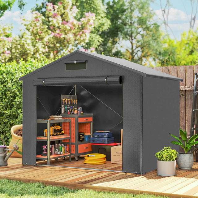 Outsunny 8 x 6 ft Outdoor Garden Storage Shed, Waterproof Bike Tent with Roll-Up Zipper Door