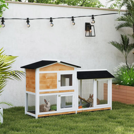 PawHut Rabbit Hutch Guinea Pig Hutch Wooden House with Run, 2 Tier Pet Cage Outdoor with No-leak Plastic Trays, 157.4 x 53 x 93.5cm, Yellow