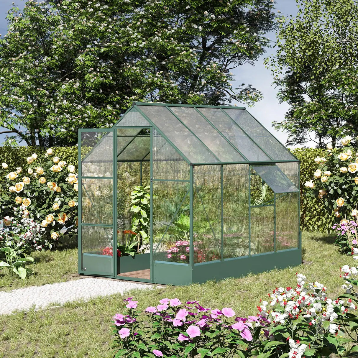 Outsunny 6x8 FT Polycarbonate Greenhouse with Base and Raised Bed, Walk-in Greenhouse with Aluminium Frame, Temperature Controlled Window, Foundation for Plants, Flowers, Vegetable