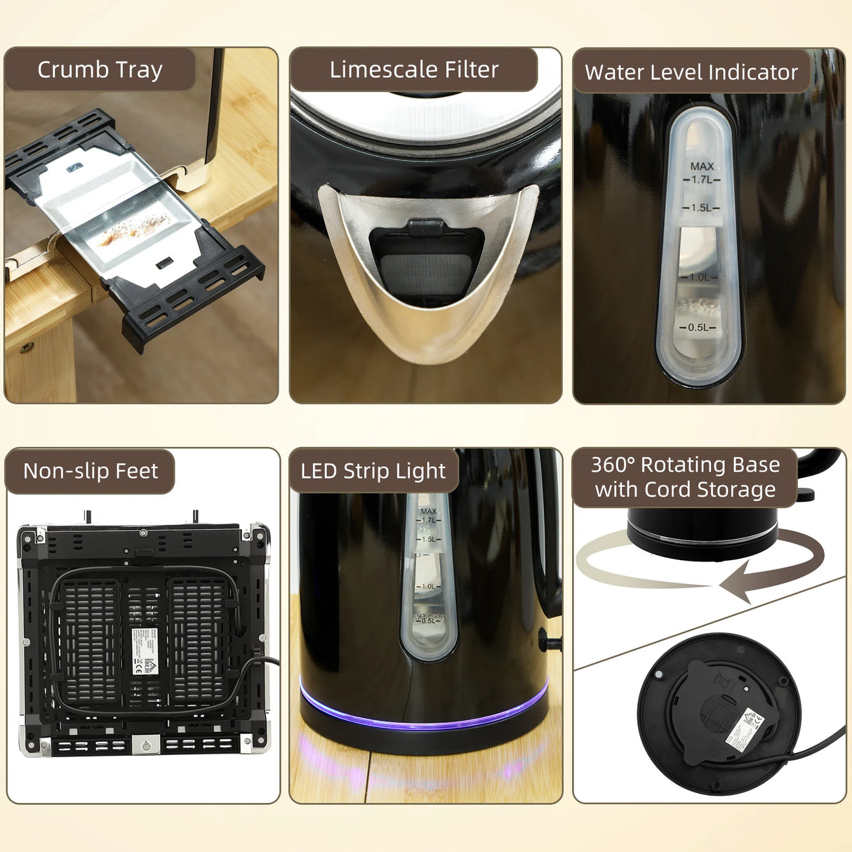 HOMCOM Kettle and Toaster Set, 1.7L 3000W Rapid Boil Jug Kettle with Strix Thermostat, Limescale Filter, 4 Slice Toaster with 7 Browning Controls, Crumb Tray, Black