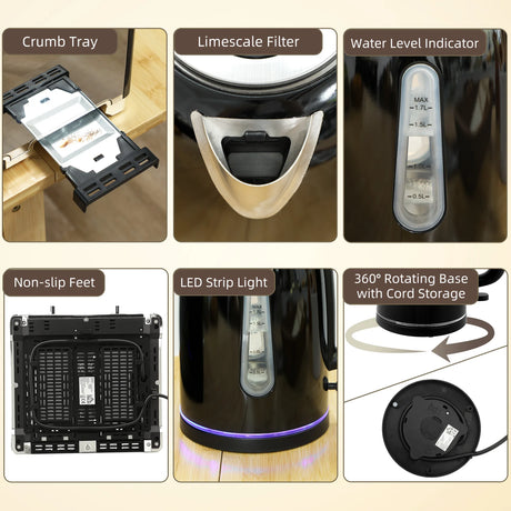 HOMCOM Kettle and Toaster Set, 1.7L 3000W Rapid Boil Jug Kettle with Strix Thermostat, Limescale Filter, 4 Slice Toaster with 7 Browning Controls, Crumb Tray, Black