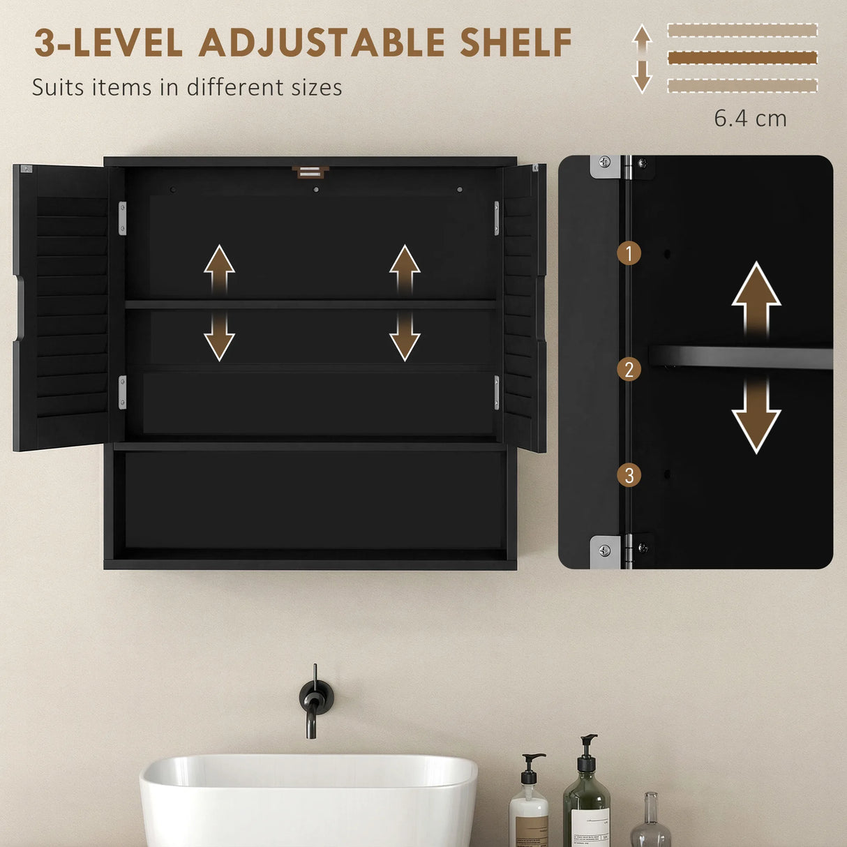 HOMCOM Bathroom Cabinet, Wall Mounted Storage Cabinet with Adjustable Shelves, 60 x 20 x 60 cm, Black