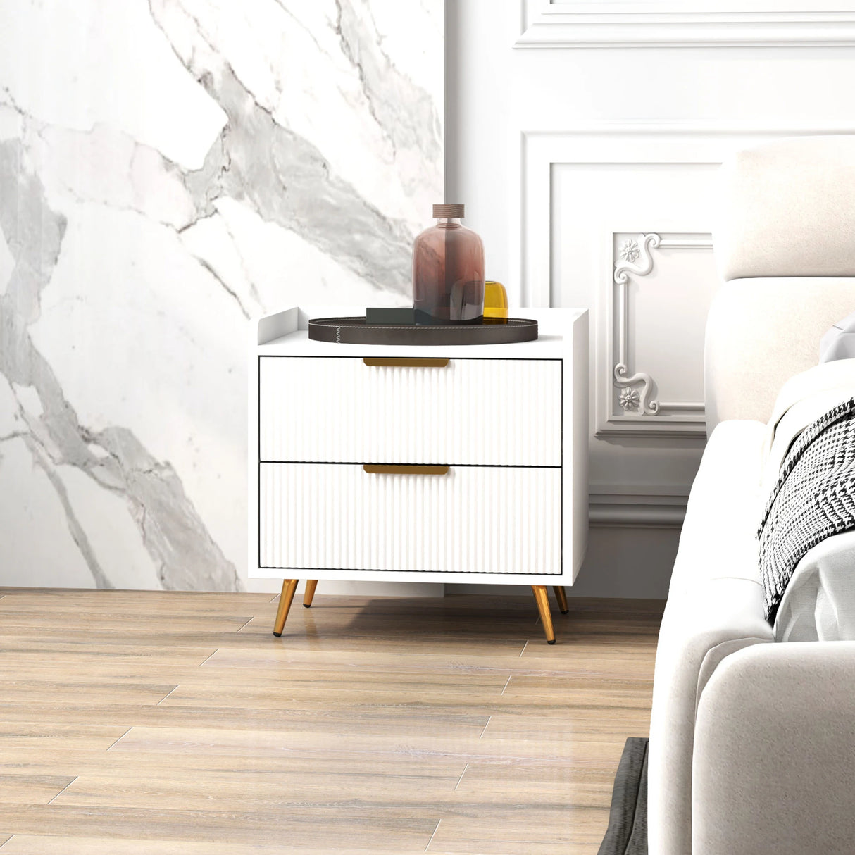 HOMCOM Elegant Two-Drawer Bedside Table Set of 2 - White