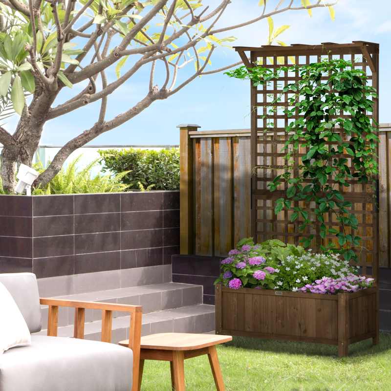 Outsunny 2 Pcs Raised Bed with Drainage Holes, Wood Planter with Trellis for Climbing Plants to Grow Vegetables, Flowers, Brown