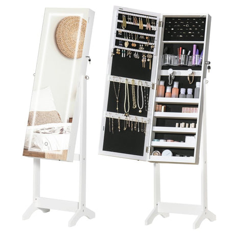 HOMCOM Jewellery Cabinet with LED Light, Lockable Jewellery Organiser with Full-Length Mirror for Bedroom Dressing Room, White