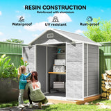 Outsunny 6 x 5ft Garden Shed, Plastic Shed with Floor, Window, Lockable Doors and Vents, Wood Effect Resin Tool Shed for Outdoor Patio, Dark Grey