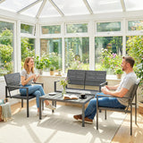 Outsunny 4 Piece Garden Furniture Set, Outdoor Sofa Set with HDPE Slatted Loveseat Armchairs Coffee Table Metal Frame, Dark Grey