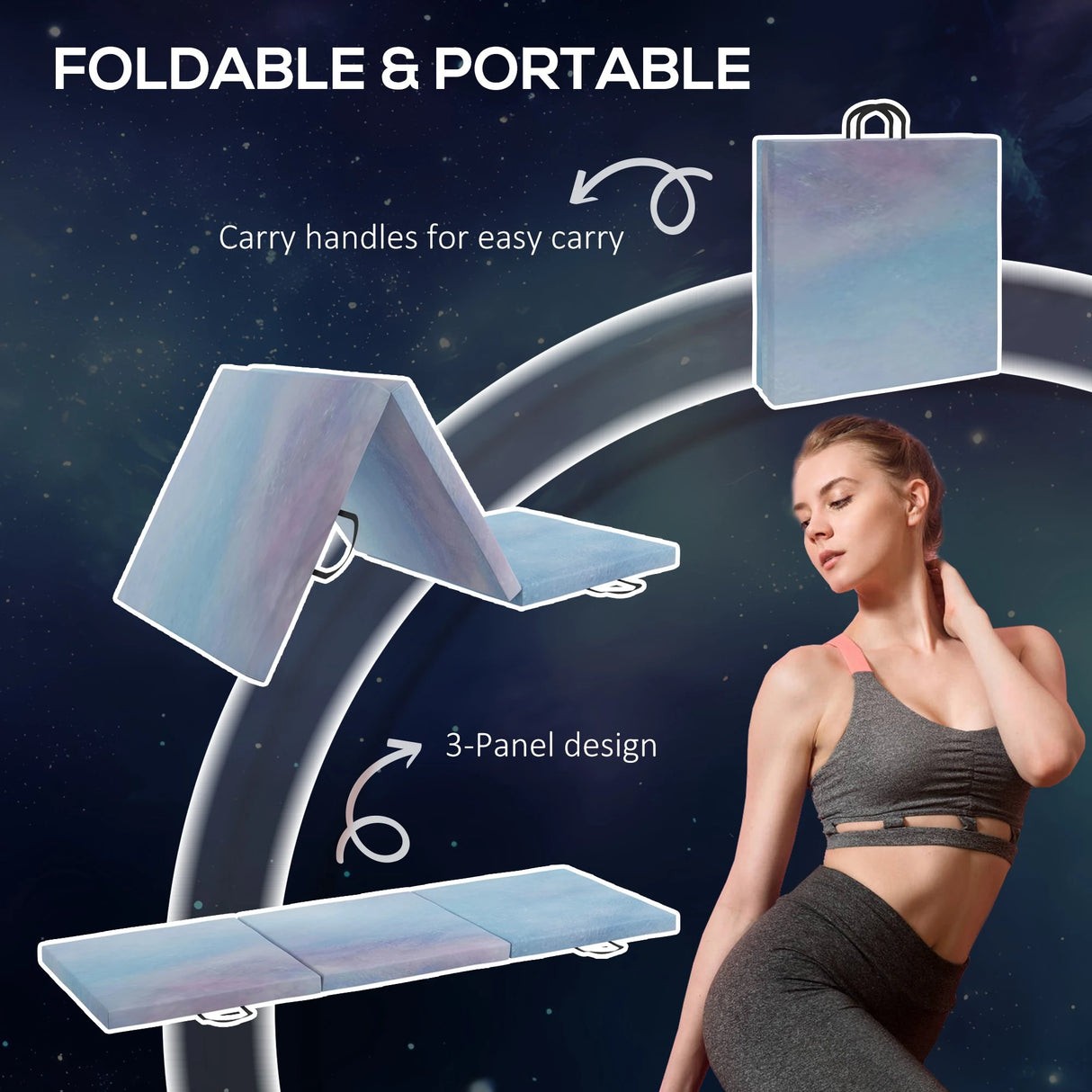 HOMCOM 6FT Foldable Gymnastics Mat, Tri-Fold 2" Thick Crash Mat with Carry Strap Handles for Home Training, Sky Blue