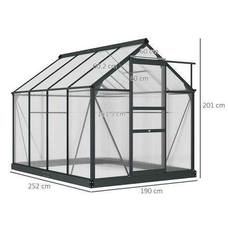 Outsunny 6 x 8ft Polycarbonate Greenhouse, Large Walk-In Green House with Slide Door and Window, Garden Plants Grow House with Aluminium Frame and Foundation, Grey