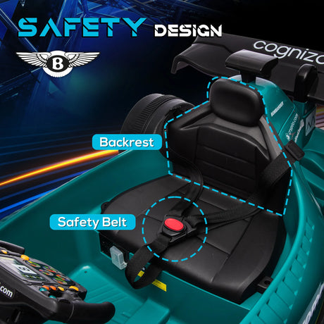 AIYAPLAY Aston Martin Licensed 12V Kids Ride on Racing Kart w/ Bluetooth, 4 Suspension Wheels, Music Lights Horn, Green