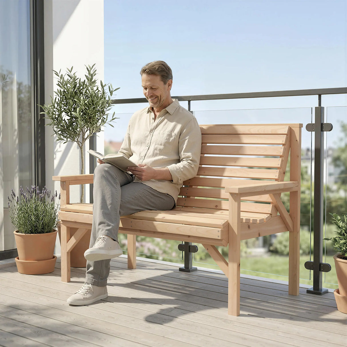 Outsunny 2 Seater Wooden Garden Bench, Slatted Patio Bench with Armrest and Backrest, Outdoor Furniture for Indoor, Balcony