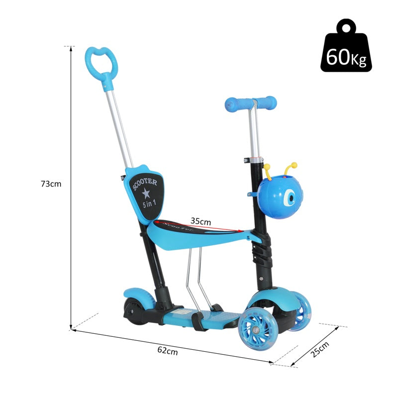 HOMCOM 5 in1 Kids  Scooter 3 Wheel Toddler scooter Kick Scooter with Adjustable Handlebar, Removable Seat & Back Rest for 18 Month+, Blue