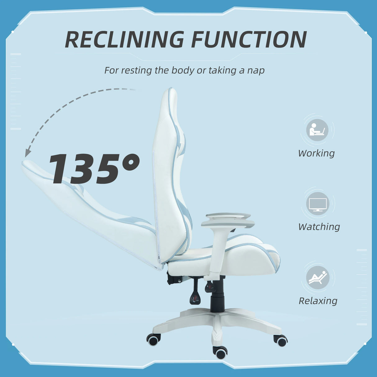 HOMCOM Faux Leather Colour Block Gaming Chair, with 135 Reclining Back - Blue/White