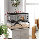 PawHut Gerbil Cage, Dwarf Hamster Cage, with Deep Glass Bottom, Tunnels, Ramps, Hut, Exercise Wheel, 78.5 x 48.5 x 57cm