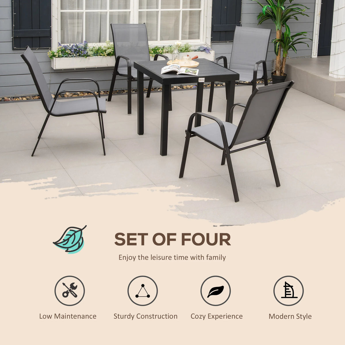 Outsunny Set of Four Stackable Mesh Seat Chairs - Dark Grey