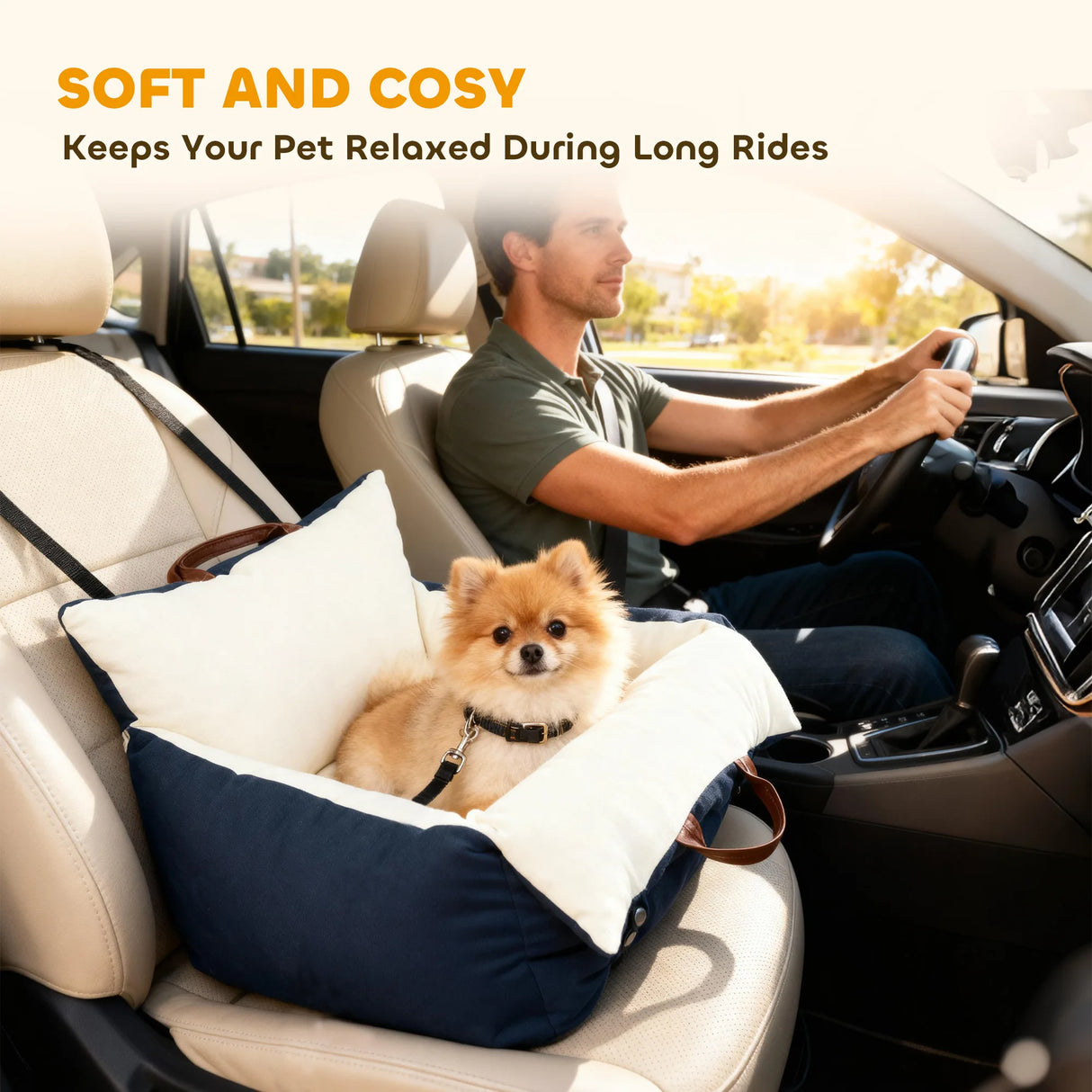 PawHut Dog Car Seat, Cosy Pet Car Booster Seat for Small Dog Under 5 KG, Portable Travel Bed with Safety Belts, Navy Blue