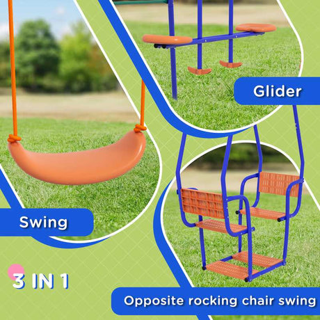 Outsunny Three-In-One Kids Metal Swing Set with Swing, Glider, Rocking Chair Swing, for Ages 3+ years - Orange and Blue