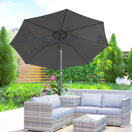 Outsunny 3(m) Tilting Parasol Garden Umbrellas, Outdoor Sun Shade with 8 Ribs, Tilt and Crank Handle for Balcony, Bench, Garden, Dark Grey
