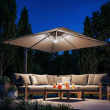 Outsunny 3 x 3 m Garden Cantilever Parasol with Light, Cover, Overhanging Umbrella w/ Wind Protection, 360 Rotation, Khaki