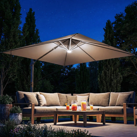 Outsunny 3 x 3 m Garden Cantilever Parasol with Light, Cover, Overhanging Umbrella w/ Wind Protection, 360 Rotation, Khaki