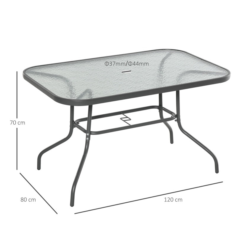 Outsunny Garden Dining Table Glass Top Metal Frame with Parasol Hole Outdoor Balcony Grey 120L x 80Wcm