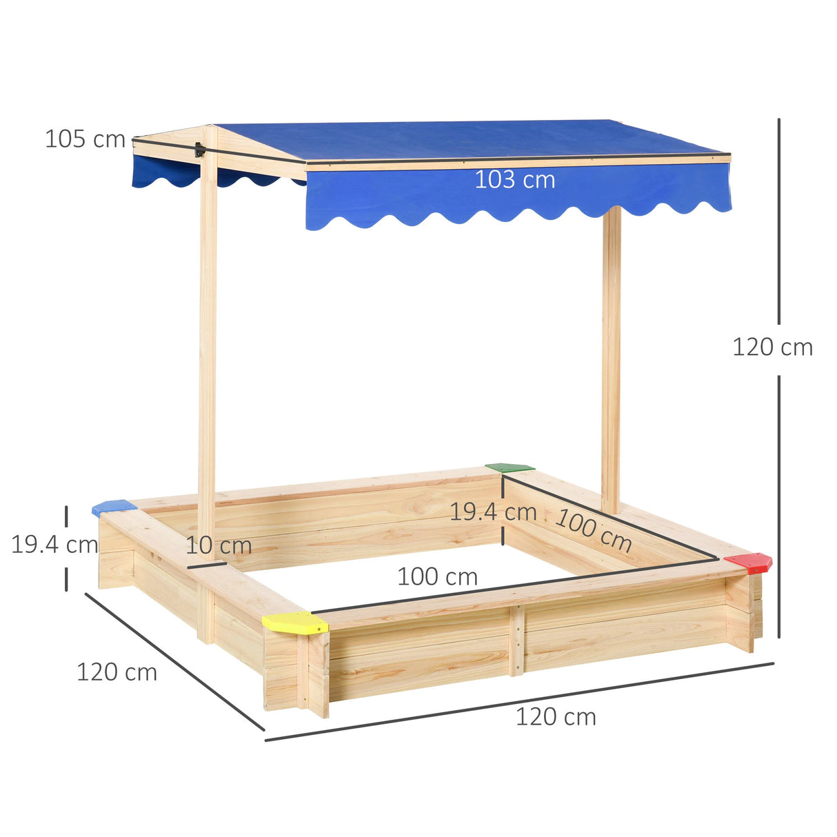 Outsunny Kids Wooden Sand Pit Sandbox Children Square Outdoor Playset Adjustable Canopy Bench Seat 120x120x120cm