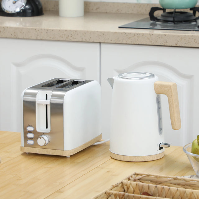 HOMCOM Stainless Steel Kettle and Toaster Set, 1.7L 3000W Fast Boil Kettle & 2 Slice Toaster Kitchen Set with 7 Level Browning Controls, Defrost, Reheat, Auto Off, Boil-dry Protection, White