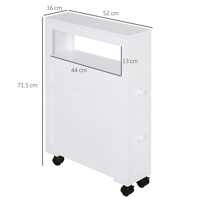 HOMCOM 72x16cm Narrow Bathroom Storage Unit w/ 2 Drawers Open Top 4 Wheels Slimline Modern Rolling Home Organisation