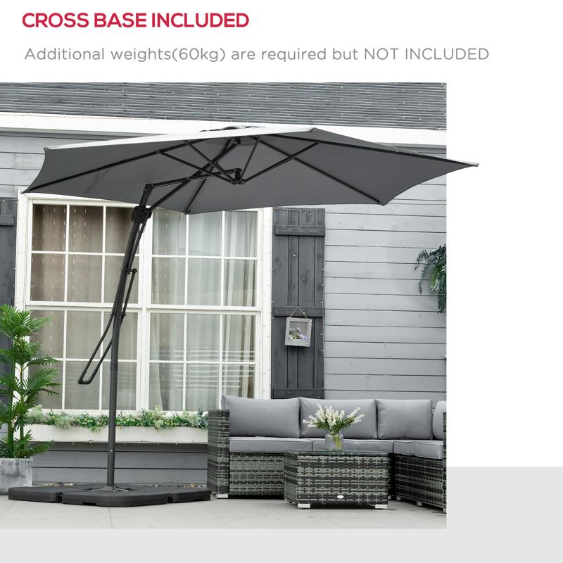 Outsunny 3m Cantilever Parasol with Easy Lever, Patio Umbrella with Crank Handle, Cross Base and 6 Metal Ribs, Outdoor Sun Shades for Garden, Grey