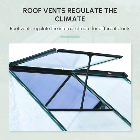 Outsunny 6 x 6ft Polycarbonate Greenhouse, Large Walk-In Green House with Slide Door and Window, Garden Plants Grow House with Aluminium Frame and Foundation, Dark Green