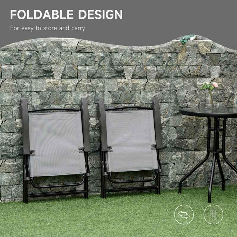 Outsunny 3 Piece Outdoor Bistro Set, Patio Conversation Furniture Set with 2 Folding Backrest Adjustable Armchairs and Glass Top Coffee Table, Grey