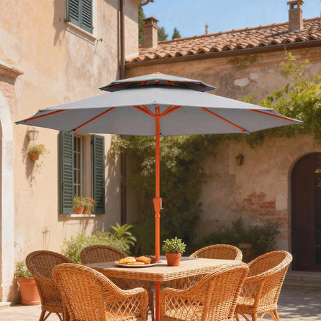 Outsunny 2.7 m Garden Parasol with Double Top Outdoor Market Table Umbrella with Crank System, Light Grey
