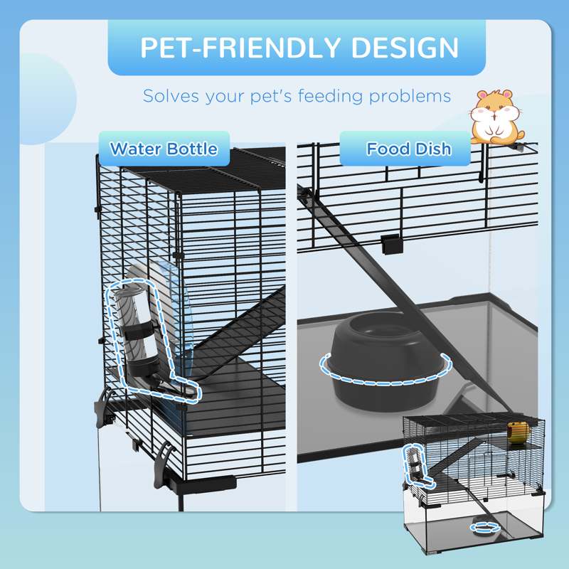 PawHut 3 Tiers Hamster Cage, Gerbil Cage with Deep Glass Bottom, Non-Slip Ramps, Platforms, Hut, Exercise Wheels, Water Bottle, Dish, for Syrian Hamster, Dwarf Hamster, 60 x 40 x 57cm