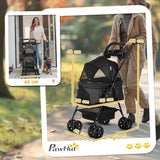 PawHut Dog Pram Dog Stroller Foldable Pet Pushchair with 4 Wheels, Safety Leashes, Cup Holder for Small Dogs, Black