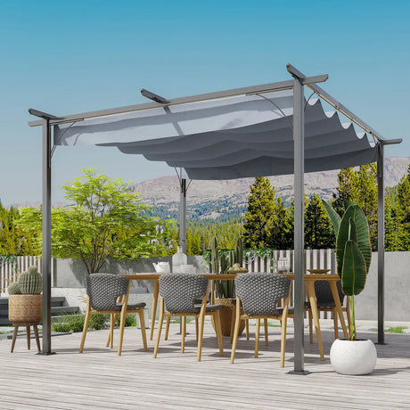 Outsunny 3 x 3(m) Metal Retractable Pergola, Garden Gazebo Metal Pergola Canopy Outdoor Sun Shade Shelter for Party BBQ, Grey