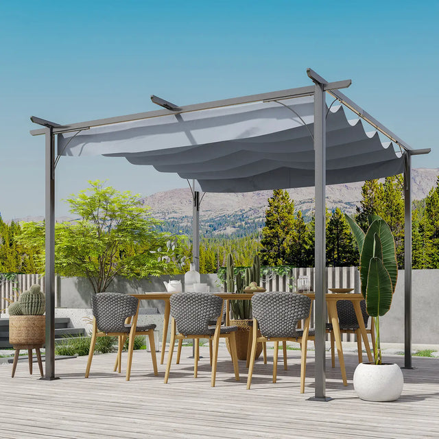 Outsunny 3 x 3(m) Metal Retractable Pergola, Garden Gazebo Metal Pergola Canopy Outdoor Sun Shade Shelter for Party BBQ, Grey