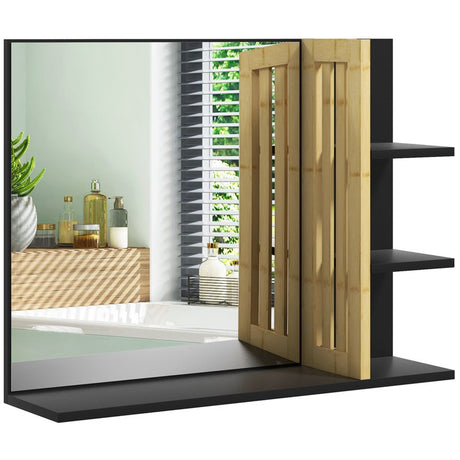 HOMCOM Bamboo Panel Bathroom Mirror, with Shelves