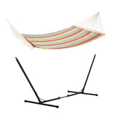 Outsunny Outdoor Garden Hammock with Stand, Double Cotton Hammock with Adjustable Steel Frame, Swing Hanging Bed with Pillow, for Garden, Patio, Beach, Red Stripes