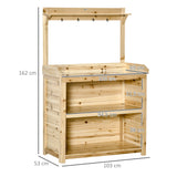 Outsunny Garden Potting Bench Table, Wooden Workstation Bench w/ Galvanized Metal Tabletop, Storage Shelves and Hooks, Natural